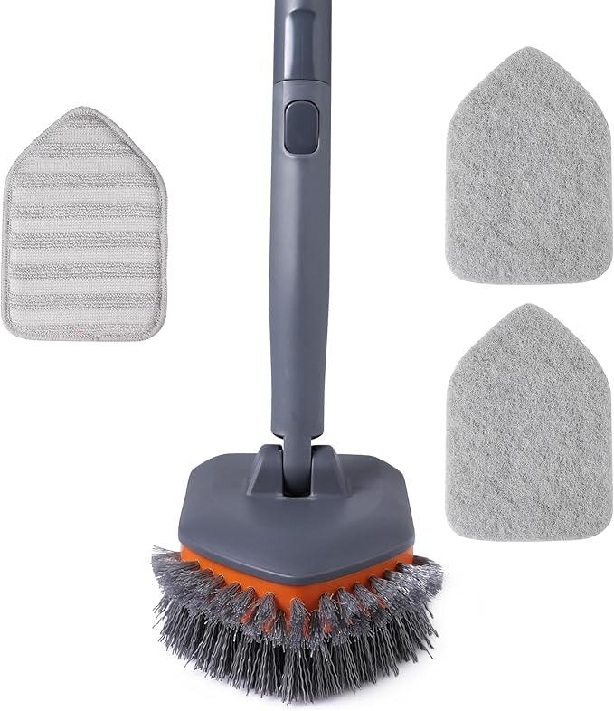 Tub Tile Scrubber Brush with 3 Different Function Cleaning Pads and 56" Extendable Long Handle-No Scratch for Cleaning Bathroom Kitchen Toilet Wall Sink,Orange
