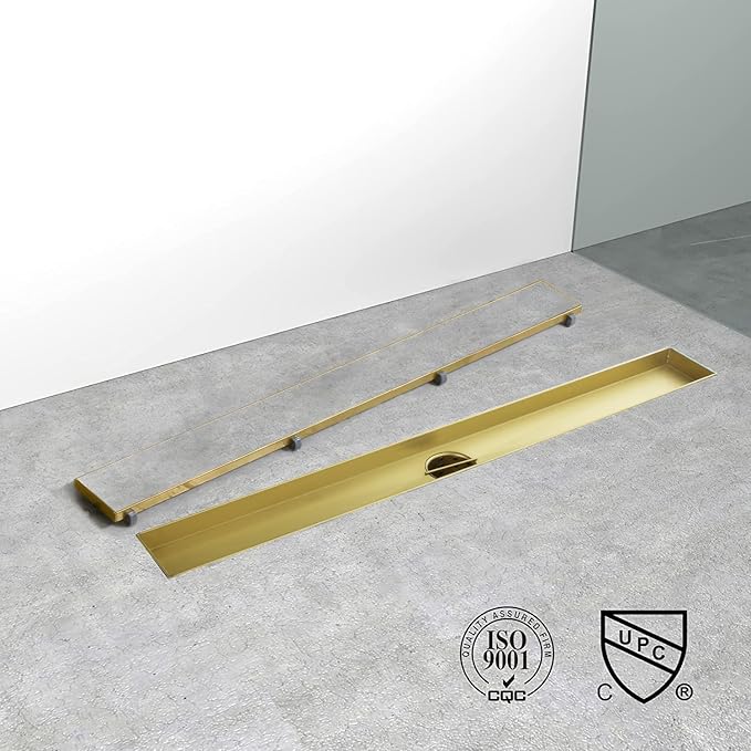 Linear Shower Drain, 36 inch Gold Drain with Tile Insert 2-in-1 Panel, Brushed 304 Stainless Steel Gold Shower Floor Drain, Linear Drain with Hair Strainer and Adjustable Feet
