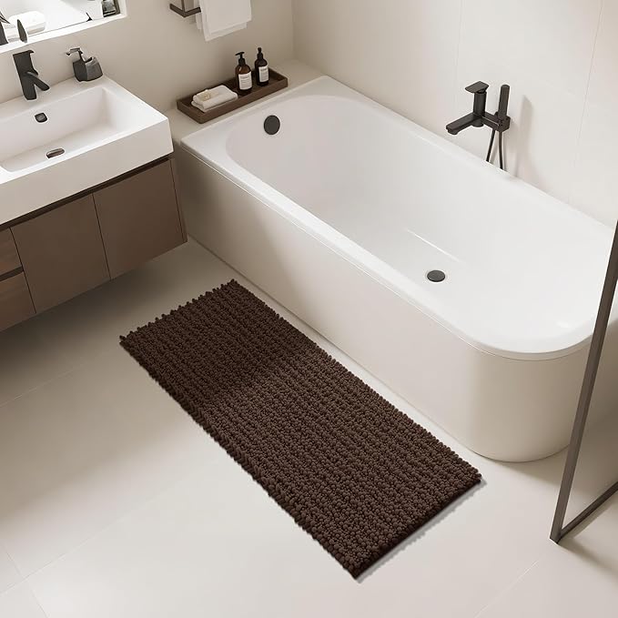 Yimobra Bathroom Runner Rug 55x24 Inch - Extra Long Non Slip Chenille Bath Mat, Soft & Absorbent, Machine Washable Shaggy Hallway Carpet for Vanity Tub Shower, Brown Home Decor Accessories