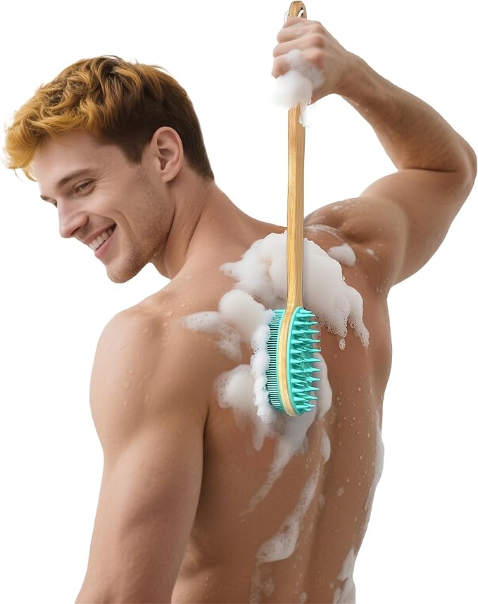READAEER Silicone Back Scrubber with Long Handle Bamboo, 15.7in Lengthen Long Handle Body Brush for Shower, Double Sided Silicone Head for Back Cleaning and Massage, with a Hook