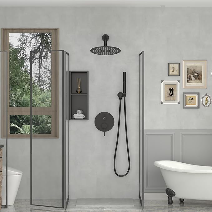 BESy Shower System with 10 Inch Round Rain Shower Head and Handheld Wall Mounted, High Pressure Rainfall Heads Shower Faucet Fixture Combo Set with 2 in 1 Spray Showerhead for Bathroom, Matte Black