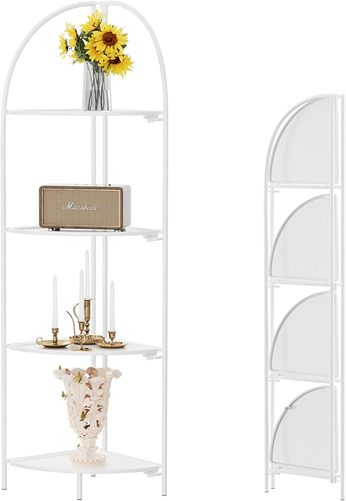 Crofy Foldable 4 Tier Corner Shelf, Metal Corner Plant Stand with White Frame and White Shelves, Corner Display Rack Multipurpose Shelving Unit for Living Room, Bedroom, Bathroom