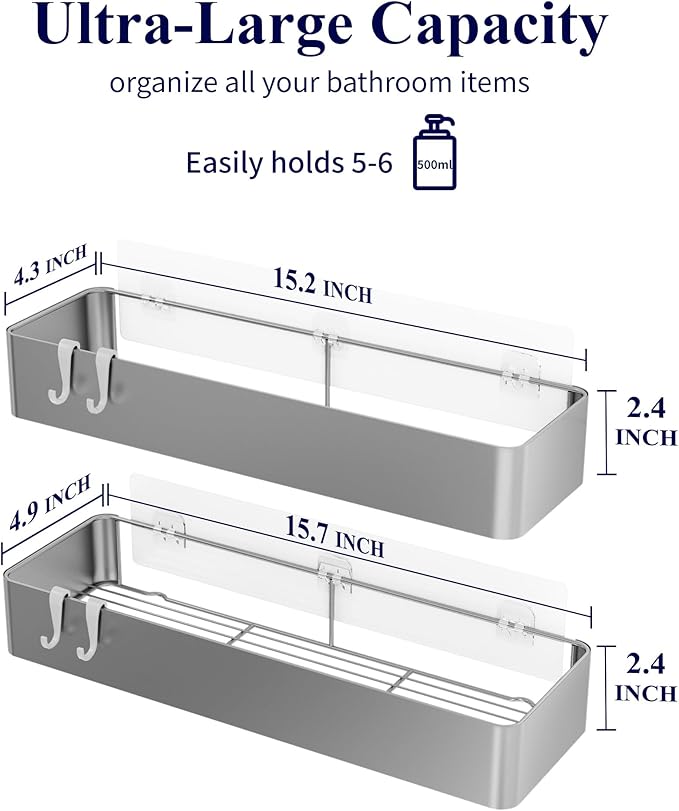 Kitsure Shower Caddy - 2 Pack Adhesive Shower Organizer, Rustproof Metal Shelves, No-Drill Bathroom Organizers and Storage, Silver Grey, XX-Large