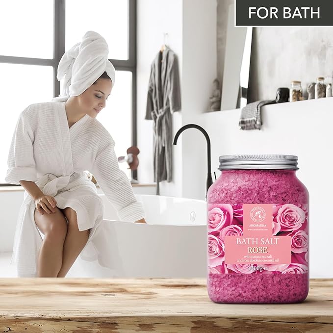 Rose Bath Salts 46 Oz - Natural Rosewood Oil & Rose Extract - Best for Relaxing - Good Sleep - Beauty - Bathing - Body Care - Wellness - Relax - Aromatherapy - Spa