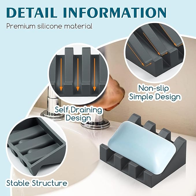Silicone Soap Dish for Bar Soap Holder for Shower Bathroom Self Draining Waterfall Drying Tray Keep Soap Bars Dry Clean & Easy Cleaning (Gray, 2)