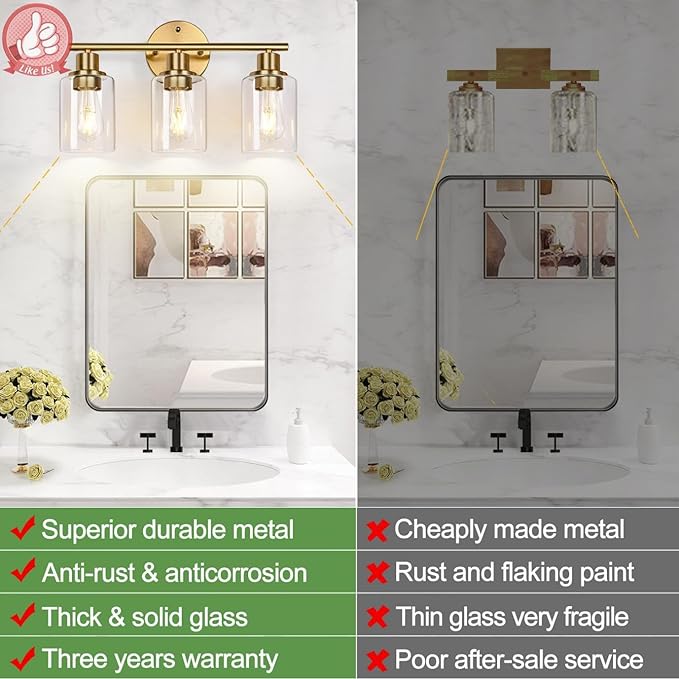 3-Light Gold Bathroom Light Fixtures, Modern Bathroom Vanity Light with Clear Glass Shade, Brushed Gold Bath Wall Mount Lights, Wall Lamp for Mirror Kitchen Bedroom Hallway Living Room Hallway
