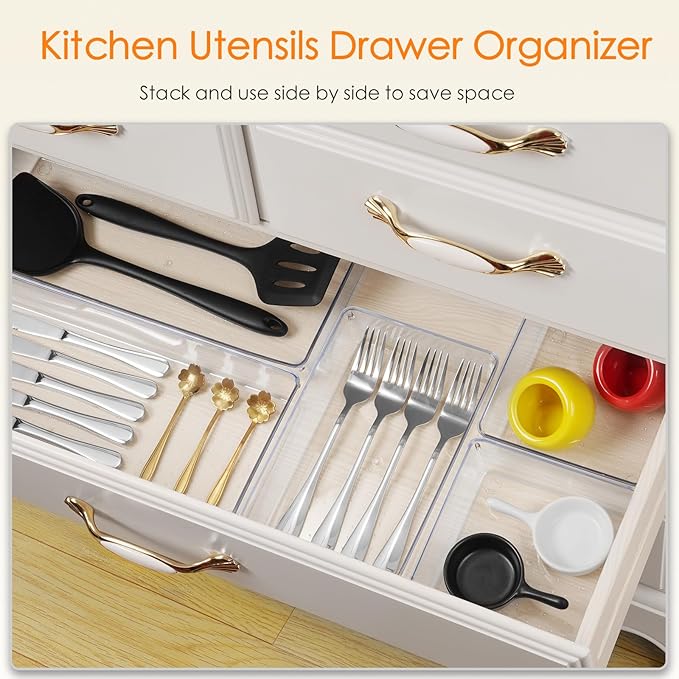 Criusia Drawer Organizer, 10 Pack Large Clear Plast Set, 3 Size Versatile Bathroom and Vanity Organizer Trays, Storage Bins for Makeup, Bedroom, Kitchen Utensils