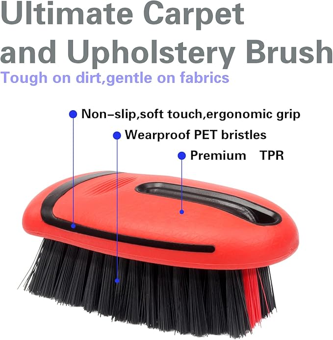 Carpet and Interior Cleaning Brushes, car Cleaning Brushes, Carpet Washing Brushes, Hard Bristle Detail Brushes, car and Home Interior Leather Brushes (Red)