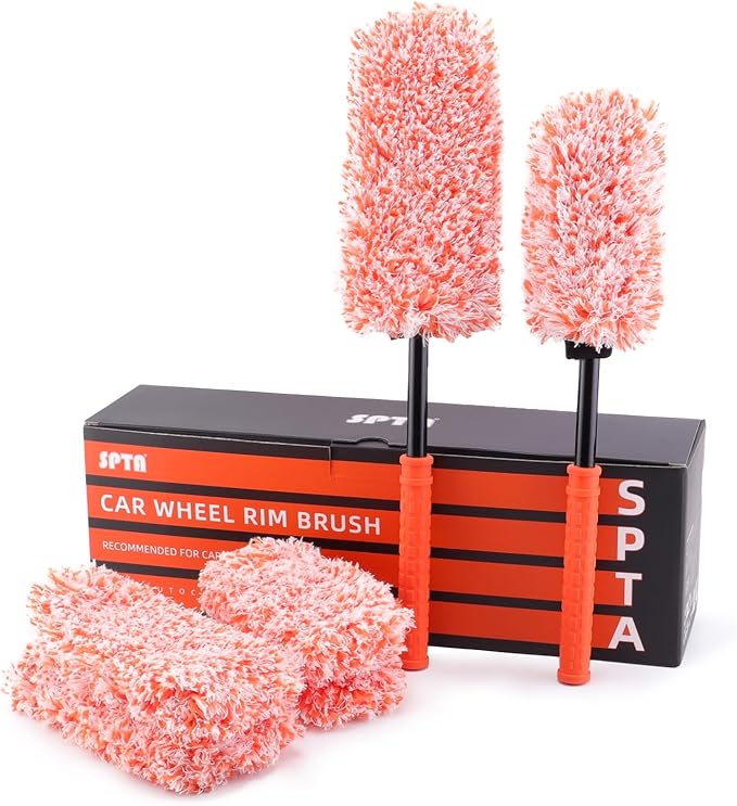 SPTA Car Wheel Brush Set, 2Pcs Microfibre Rim Brush with Extra 2 Large and 2 Small Interchangeable Microfiber Covers, Rim Cleaner Brush for Wheel Cleaning, Wheel Cleaning Brush for All Wheel Types