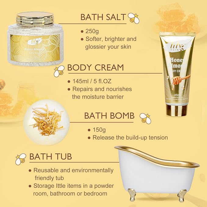 Christmas Gifts for Women - 7-Piece Honey Almond Spa Gift Set, Bath & Body Gift Set, Bath Collection with Bath Bomb | Mothers Day Gifts for Mom, Fathers Day, Birthday Gifts, Holiday Present for Women