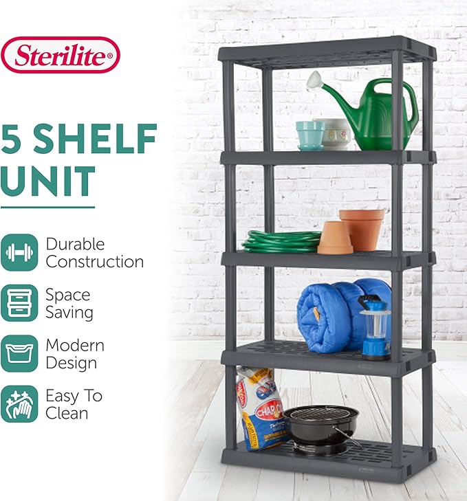 Sterilite 2-Pack 5 Shelf Unit, Heavy-Duty Shelving Storage Rack for Home and Garage, Gray - Multipurpose Plastic Organizer Shelves for Smart Organization
