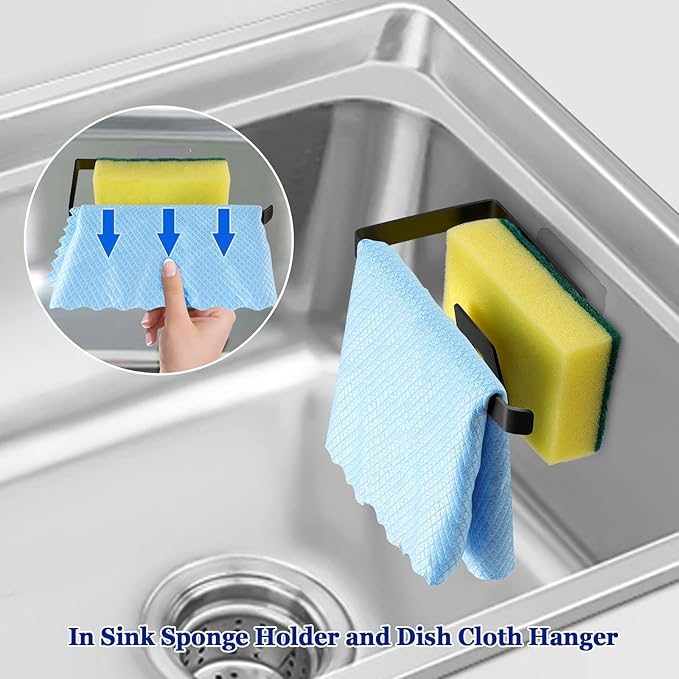 GAViA Kitchen Sink Sponge Holder - Sponge and Dish Cloth Hanger, Adhesive Rustproof Kitchen Sink Rack, 304 Stainless Steel, No Drilling (Black)