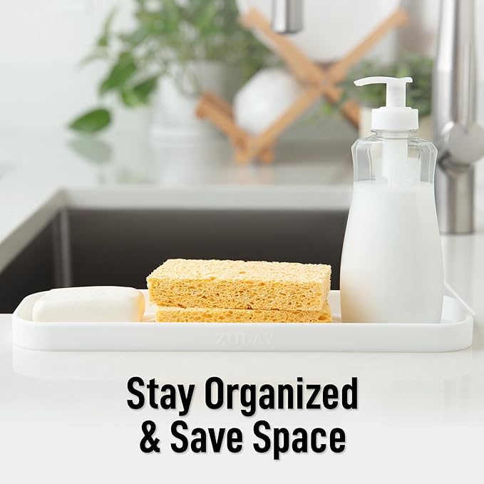 Zulay Kitchen Large Silicone Sponge Holder (12x4) – Flexible Sink Organizer Tray for Kitchen & Bathroom – Multipurpose Soap Dish for Sponges, Makeup, Trinkets & More (White)