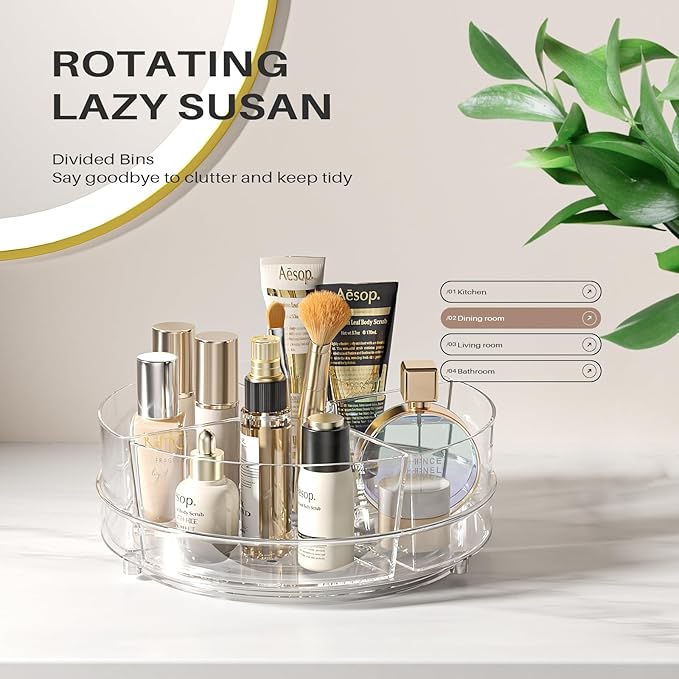 2 Pack Lazy Susan Organizer, 9 inch Rotating Storage Organizer with 4 Removable Bins, Lazy Susan Turntable Organizer for Fridge, Kitchen, Vanity, Cabinet