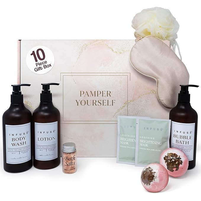 10-Piece Spa Gift Box for Women | Self-Care Set with Eye Mask, Loofa,Bath Bombs,Face Masks,Bubble Bath, Lotion, Body Wash & Bath Salt | Gift for Mom, Grandma, Wife, Bridesmaid or Loved Ones