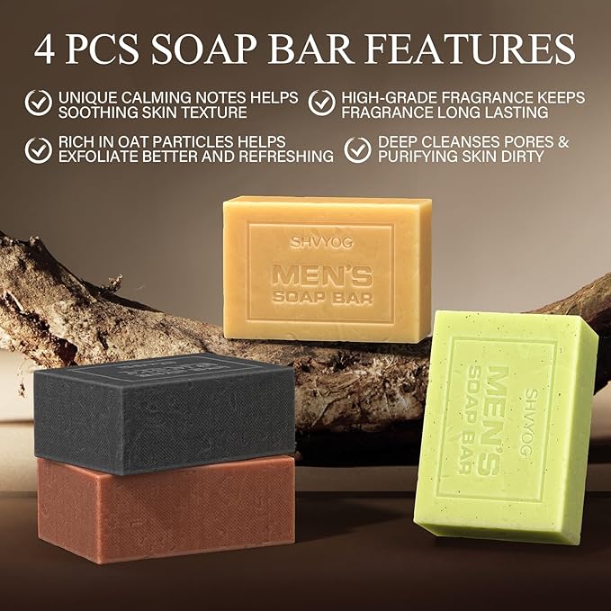 SHVYOG Mens Soap, 4 Pack Mens Bar Soap, Gift for Men Natural Cold Pressed Handmade Exfoliating Soap, Deep Cleansing, Moisturizing Bar Soap, Sandalwood Amber, Mint, Charcoal, Turmeric - 150G*4