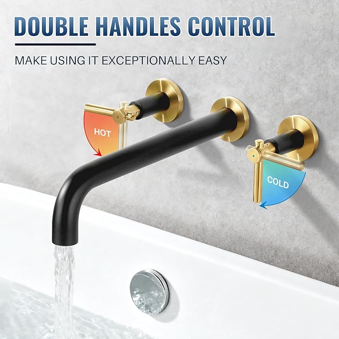 Wall Mount Tub Filler Bath Tub Faucet High Flow Bathtub Faucets Two Handles Solid Brass, 12" Long Spout Reach, Black Gold