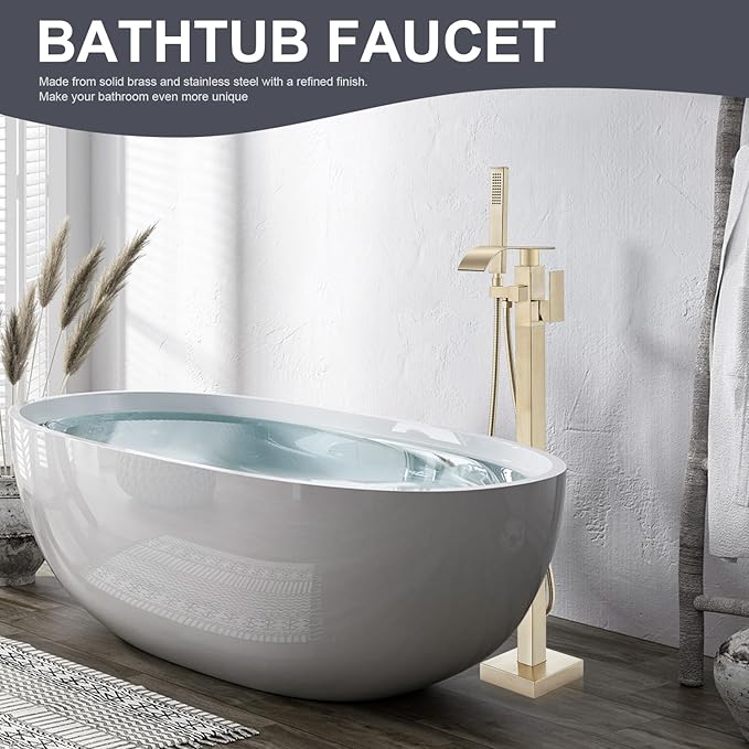 Senlesen Freestanding Bathtub Faucets Floor Mounted Tub Filler Faucet with Handshower Brushed Gold