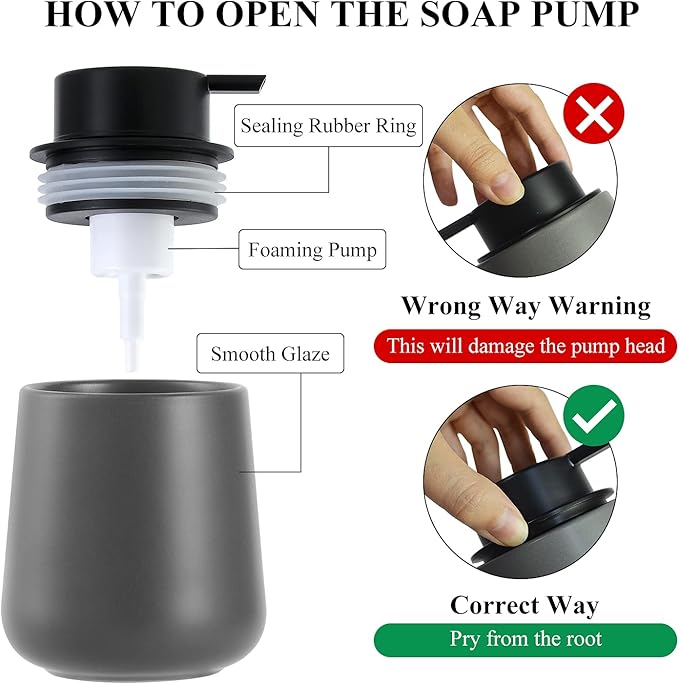 BosilunLife Foam Soap Dispenser - 12 oz Bathroom Lotion Hand Pump Dispenser Grey Foaming Soap Dispenser Ceramic Dish Liquid Dispenser for Kitchen Hand Wash Dispenser