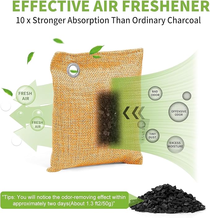 CLEVAST 16 Pack Activated Bamboo Charcoal Air Purifying Bags(8x100g, 8x50g), Natural Fresh Odor Absorber, Deodorizer and Moisture Eliminator, Air Purifier Bags for Home, Closet, Car Air freshener