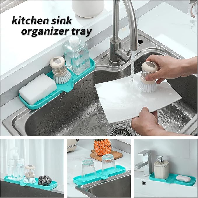 Silicone Bathroom Soap Dishes with Drain Spout-Bathroom and Kitchen Sink Organizer,Sponge Holder,Dish Soap Tray,Perfect for Dispenser,Scrubber,Bottle,Cup on Sink or Counter-Mint 12"×4"
