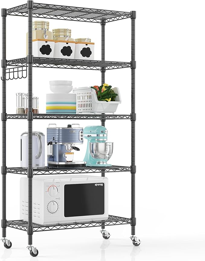 Himimi 5-Tier Storage Shelf Wire Shelving Unit on Wheels Heavy Duty Metal Shelves Adjustable Steel Rack Organization for Kitchen Garage Basement, Black