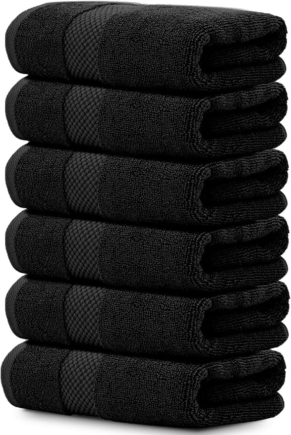 White Classic Luxury Black Hand Towels - Soft 100% Turkish Cotton | Highly Absorbent Hotel spa Bathroom Towel Collection | 16x30 Inch | Set of 6