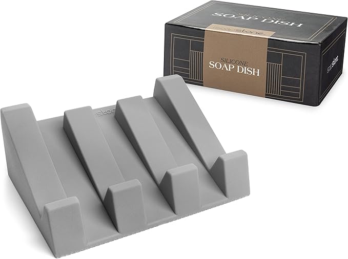 Silicone Soap Dish (USA Patented) Self Draining Bar Soap Holder for Shower Bathroom Sink, Drying Soap Dish Tray Kitchen Sponge Holder Easy Cleaning Soap Saver Mat (Light Grey, 1)