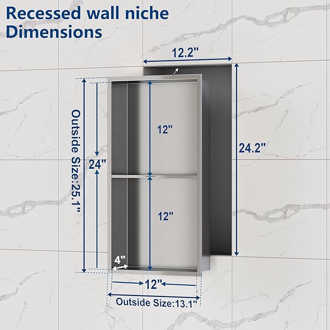 Neodrain No Tile Shower Niche, Stainless Steel Wall Niche 13.1"X25.1"(Inner Size 12"X24"), Two-Tier Bathroom Shelf Waterproof Cubby, NO Tile Needed Recessed Cabinet for Bathroom Storage