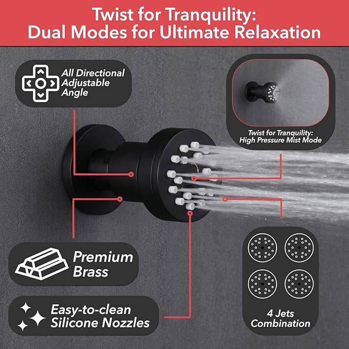 VANFOXLE Shower Faucet Set Matte Black Shower System,Push Button Diverter Shower Faucet with 2 in 1 Handheld,Ceiling Mount 10 Inch Shower Head with 4 PCS Dual Modes 2 Inch Body Jets