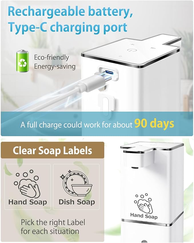 Automatic Foaming Soap Dispenser Touchless 380ml/12.8oz Rechargeable Hand Soap Dispenser Wall Mounted 4 Levels Adjustable Foam Soap Pump for Bathroom Kitchen Dish Soap