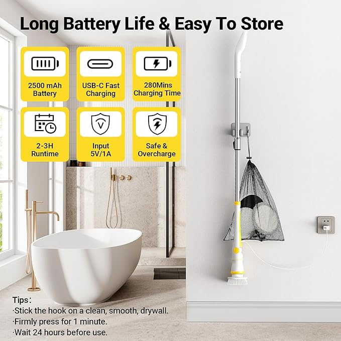 Electric Spin Scrubber, Cordless Cleaning Brush with LED Display, 4 Adjustable Angles, 3 Speeds, 2H Runtime, Adjustable Handle, 5 Brush Heads for Bathroom Tub Kitchen Tile Floor Car