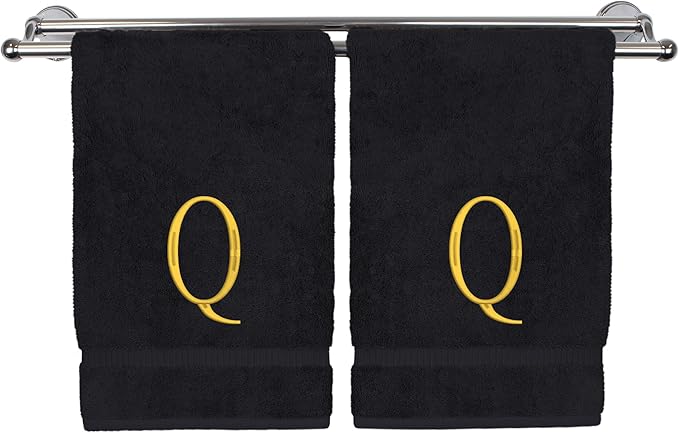 Monogrammed Hand Towel, Personalized Initial Gift, Extra Absorbent 100% Turkish Cotton - Soft Terry Finish - Set of 2 - Gold Block Initial Q - Embroidered on Black Towels