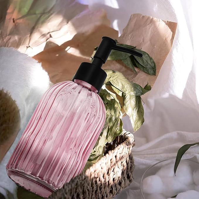 Glass Soap Dispenser with Plastic Pump, Hand Soap Dispenser for Hand Wash, Lotion Dispenser for Dishwashing Liquid, Lotion Shower Gel (Striped Pink)