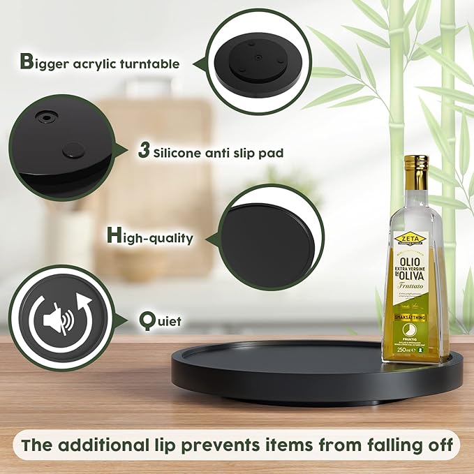 Turntable Vanity Tray 10 Inch for Perfume Candle, Bamboo Kitchen Sink Countertop Organizer Keep Glass, Sponge and Soap Bathroom Coffee Table Decorative Black (VFLZ)