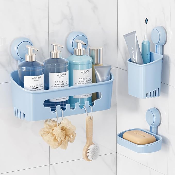 LEVERLOC Shower Caddy Suction Cup Set Shower Organizer & Soap Holder & Toothbrush Holder, Bathroom Shelf Basket NO-Drilling, Removable Suction Storage Waterproof Bathroom Caddy, Blue