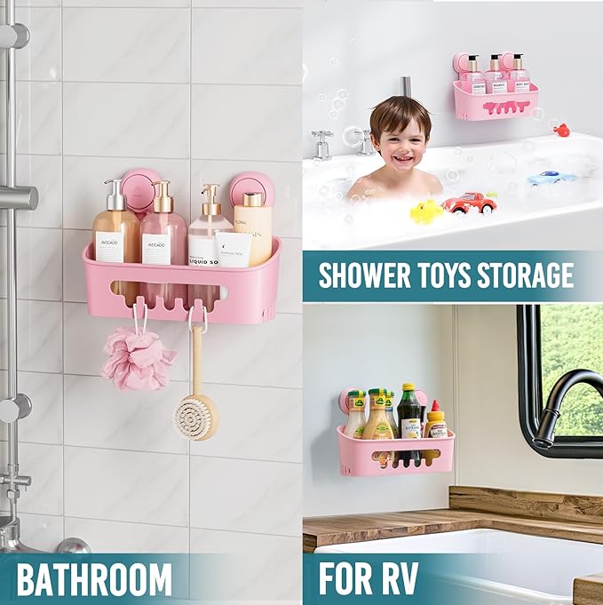 TAILI Shower Caddy Suction Cup, Heavy Duty Bathroom Organizer, Removable Shelves for Inside Shower, Shampoo, Waterproof Suction Plastic Storage for Bathroom Accessories Holder, Pink