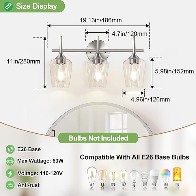 3-Light Bathroom Light Fixtures, 19.5 in Brushed Nickle Vanity Lights for Bathroom with Clear Glass, Bathroom Lighting Fixtures Over Mirror, Modern Wall lamp for Cabinet Hallway
