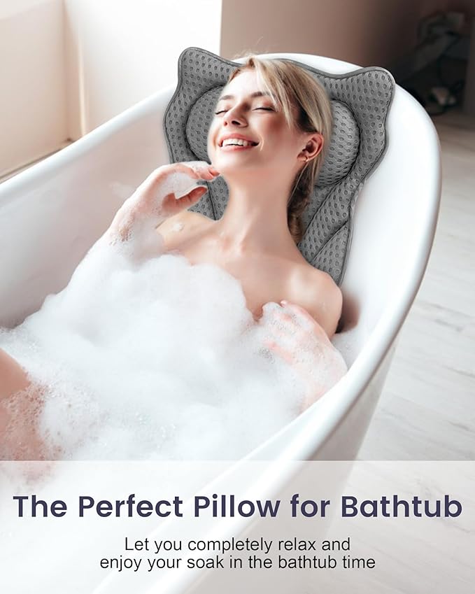Bath Pillow, Bath Pillows for Tub Neck and Back Support, Soft 4D Air Mesh Bathtub Pillow 16.5 x 17.3 INCH, with 6 Powerful Suction Cups, Bath Accessories Relaxing Gifts for Women (Grey)