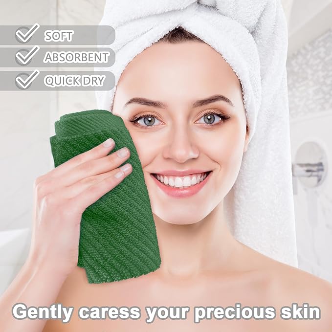 VOOVA & MOVAS Green Washcloths, 6PC Hand Towels 13" x13" - 100% Cotton | Thick | Quick Dry | Lightweight, Wash Cloths for Your Face, Bathroom Essentials, Hunter Green