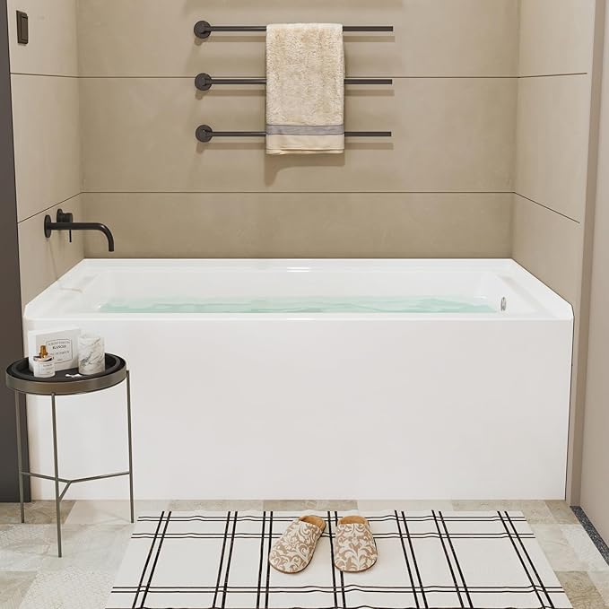 60x32 Inch Acrylic Drop-in Bathtub, Rectangular Soaking Tub with Integral Apron,Built-in Bathtub, Matte Drain and Overflow, Ergonomic Design, Easy Installation for Bathroom, Right Overflow and Drain