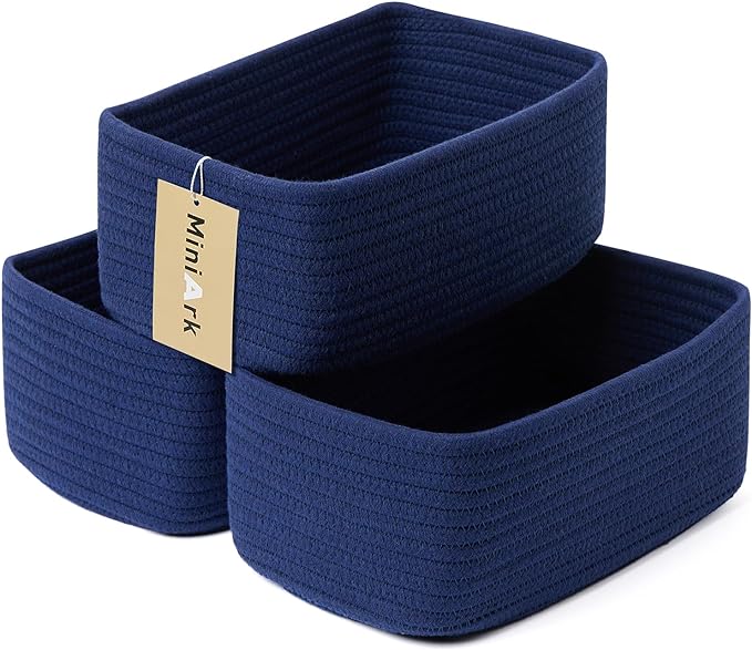 Small Storage Baskets for Organizing | Closet Organizer Bins | Shelf Toy Basket | Woven Rope Baskets | Cube Decorative Box | Shallow Basket | 11.5x7.5x4.7” | 3 Packs Navy Blue