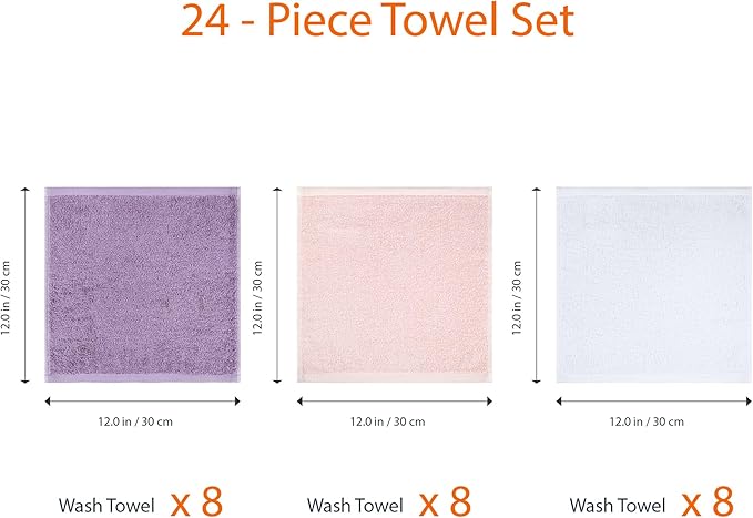 Amazon Basics washcloth for Bathroom, 100% Cotton Extra Absorbent, Fast Drying - Salon Towels, Petal Pink, Lavender, White, 12 x 12 in (Pack of 144)