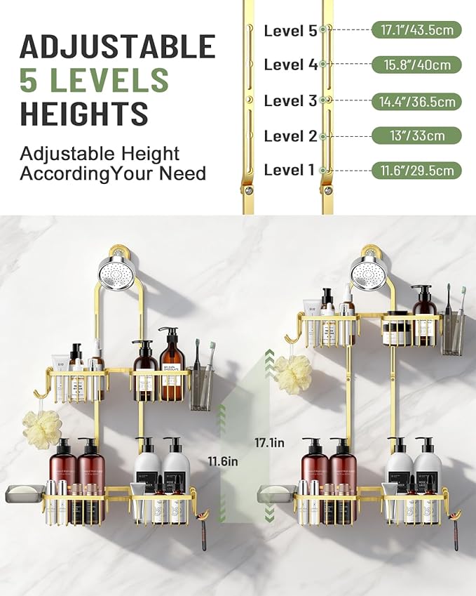 Adjustable Shower Caddy Hanging for Handheld Showerheads - Never Rust Shower Hanging Organizer, Upgraded Bathroom Shower Rack with Soap Basket, Hooks and Toothbrush Holder (Gold)
