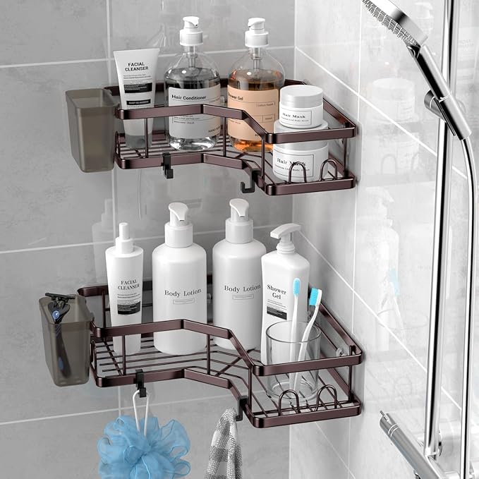 Shower Caddy Corner Organizer: 2Pack Adhesive Shower Shelf Essentials - No Drilling Stainless Steel Bathroom Storage Rack with Hooks and Toothpaste Holder - Shower Accessories