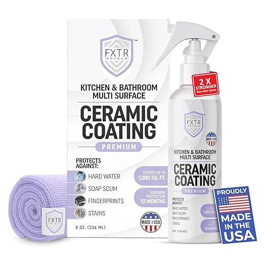 Fixture Shield Home Ceramic Coating Spray (8 oz) - SiO₂ Hydrophobic Protection for Kitchen & Bath | Repels Fingerprints, Stains & Hard Water | Extra Strength Formula | Made in USA