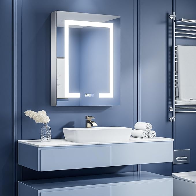 ExBrite LED Lighted Bathroom Medicine Cabinet with Mirror, 24 x 30 Inch, Recessed or Surface Mount, Anti-Fog, Stepless Dimming, Color Temperature Adjustment, 2 Outlets, Storage Shelves, Left Hinge