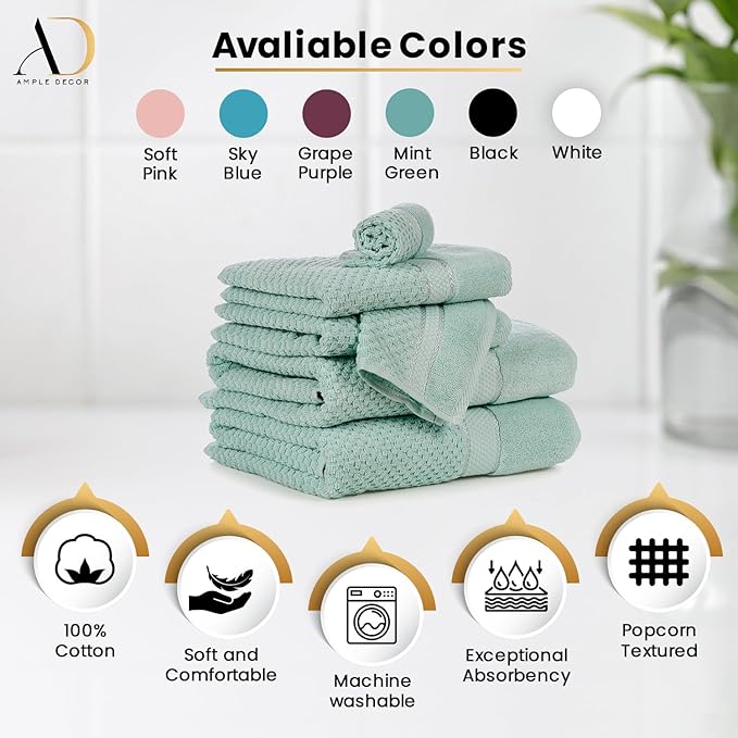 Ample Decor Bathroom Towel Set of 6-2 Bath Towel, 2 Hand Towel, 2 Wash Cloths - Ideal for Gifting, Hotel, Gym, Spa - Mint Green