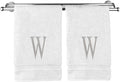 Monogrammed Hand Towel, Personalized Initial Gift, Extra Absorbent 100% Turkish Cotton - Soft Terry Finish - Set of 2 - Silver Block Initial W - Embroidered on White Towels