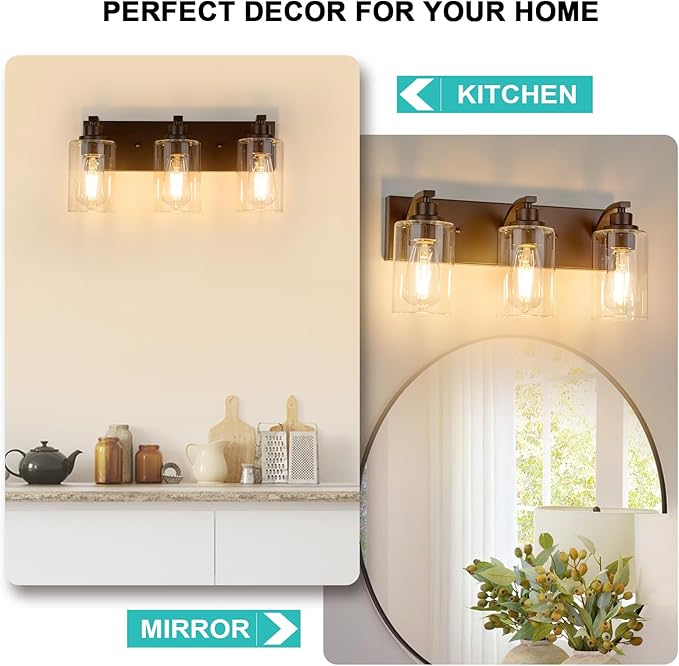 3-Light Bathroom Light Fixtures Modern ORB Vanity Lights for Bathroom Lighting Fixtures Over Mirror with Clear Glass Shade for Cabinet Mirror Bedroom Hallway